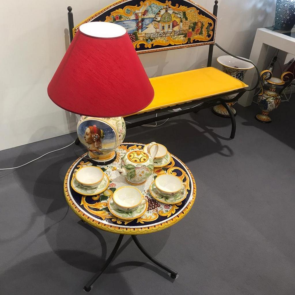 END SIDE TABLE ROUND: Ceramic-Stone top on iron base (28" Diam. x 20" High.) in Deruta, Italy. - Artistica.com