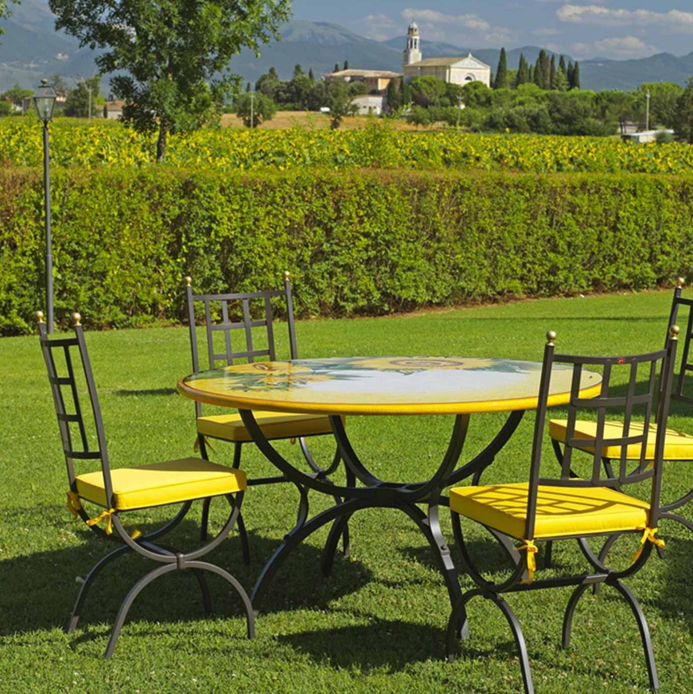 CERAMIC STONE TABLE + IRON BASE: SPELLO Design - Hand Painted in Deruta, Italy. - Artistica.com
