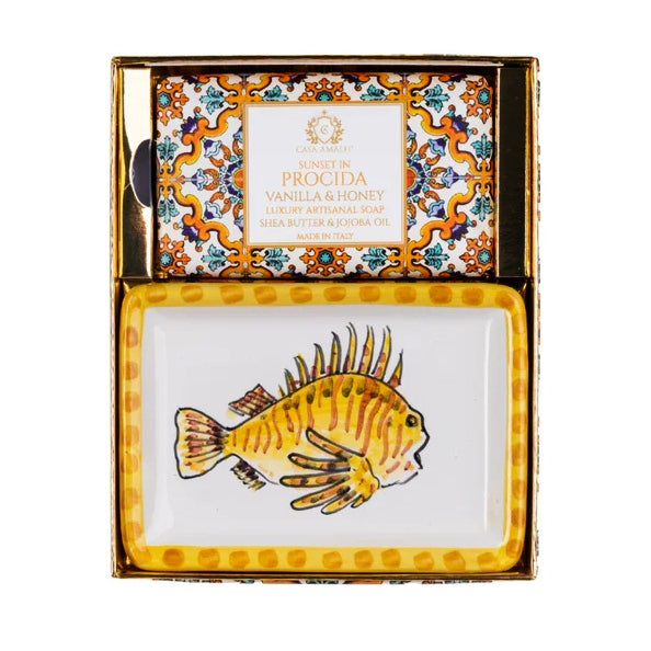 CASA AMALFI SOAPS: Scented Soap Bar with ceramic soap dish - Sunset in Procida Set - Artistica.com