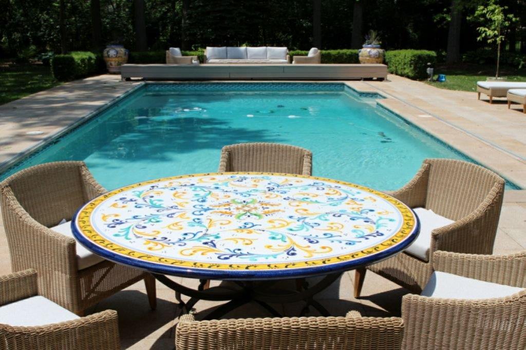 CERAMIC STONE TABLE + IRON BASE: SAN GIMIGNANO Design - Hand Painted in Deruta, Italy. - Artistica.com