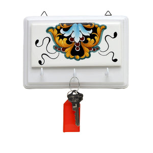 DERUTA VARIO ROSSO: Keys Hanger with Hand Painted Ceramic tile on White Wood base. Brass Hooks [R] - Artistica.com