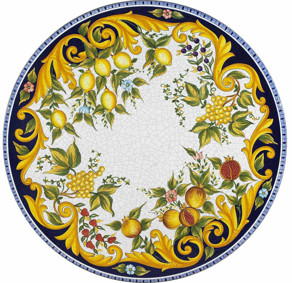 CERAMIC STONE TABLE + IRON BASE: VIETRI Design with Blue Rim^ - Hand Painted in Deruta, Italy. - Artistica.com