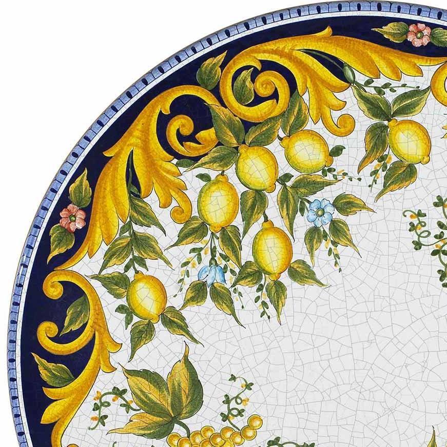 CERAMIC STONE TABLE + IRON BASE: VIETRI Design with Blue Rim^ - Hand Painted in Deruta, Italy. - Artistica.com