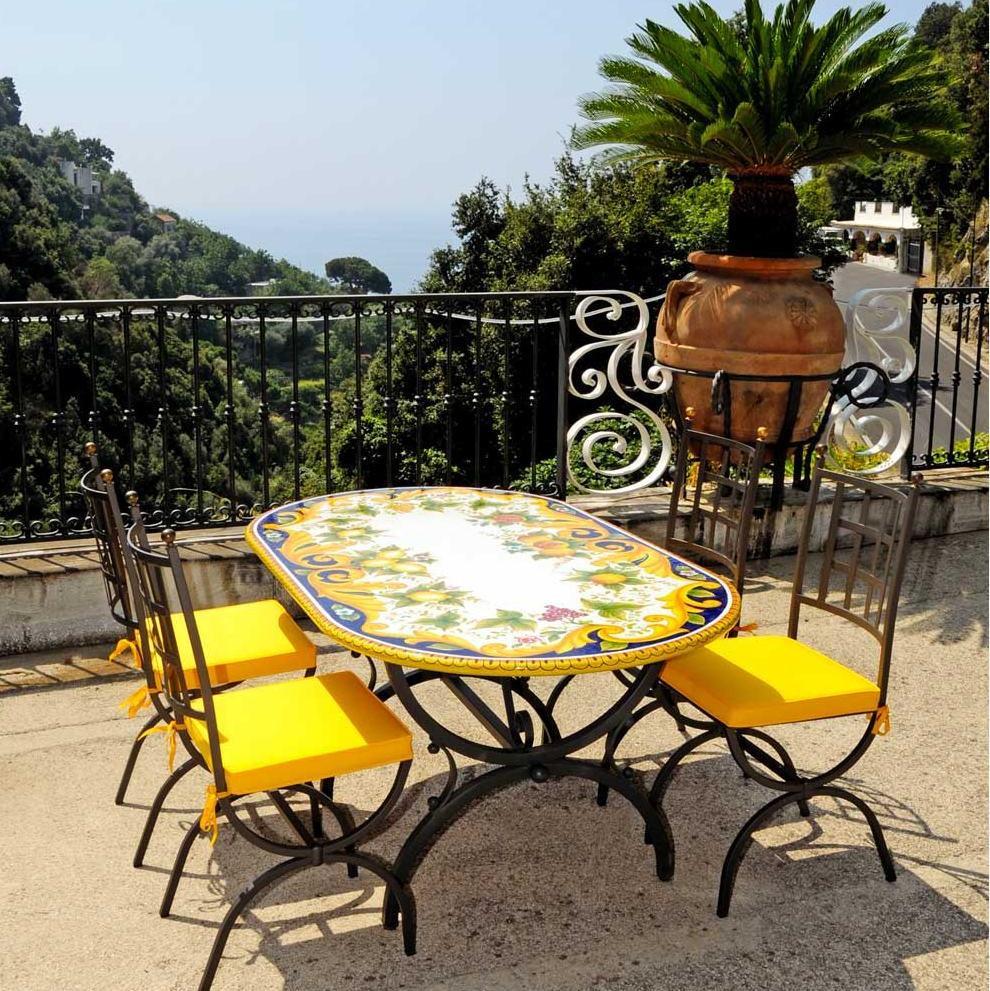 CERAMIC STONE TABLE + IRON BASE: VIETRI Design with Blue Rim^ - Hand Painted in Deruta, Italy. - Artistica.com