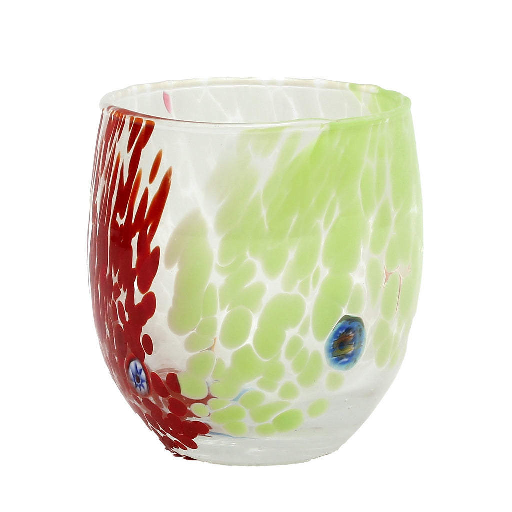 MURANO MURRINA STYLE: Stemless Wine/Water Glass fully hand made (Red Mix) NEW! - Artistica.com