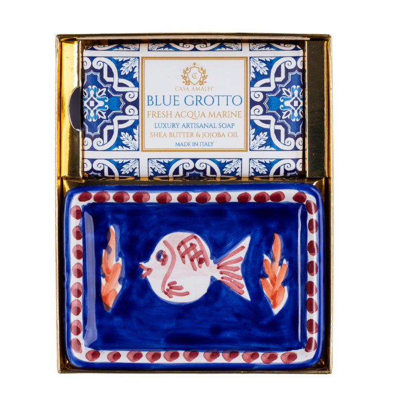 CASA AMALFI SOAPS: Scented Soap Bar with ceramic soap dish - White-Gold Amalfi Set - Artistica.com