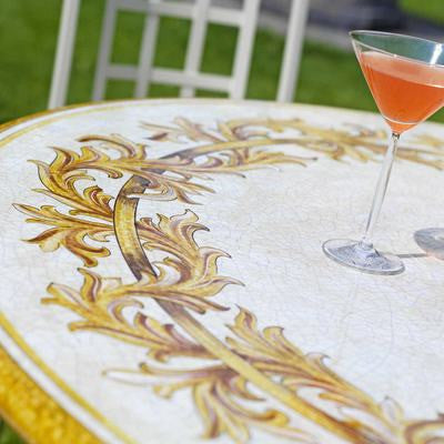 CERAMIC STONE TABLE + IRON BASE: ALTAMURA Design - Hand Painted in Deruta, Italy. - Artistica.com