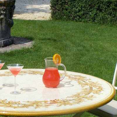 CERAMIC STONE TABLE + IRON BASE: ALTAMURA Design - Hand Painted in Deruta, Italy. - Artistica.com