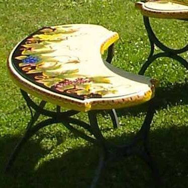 WROUGHT IRON BENCH WITH CERAMIC TOP: Large Curved model design (Seats Two) in Deruta, Italy. - Artistica.com