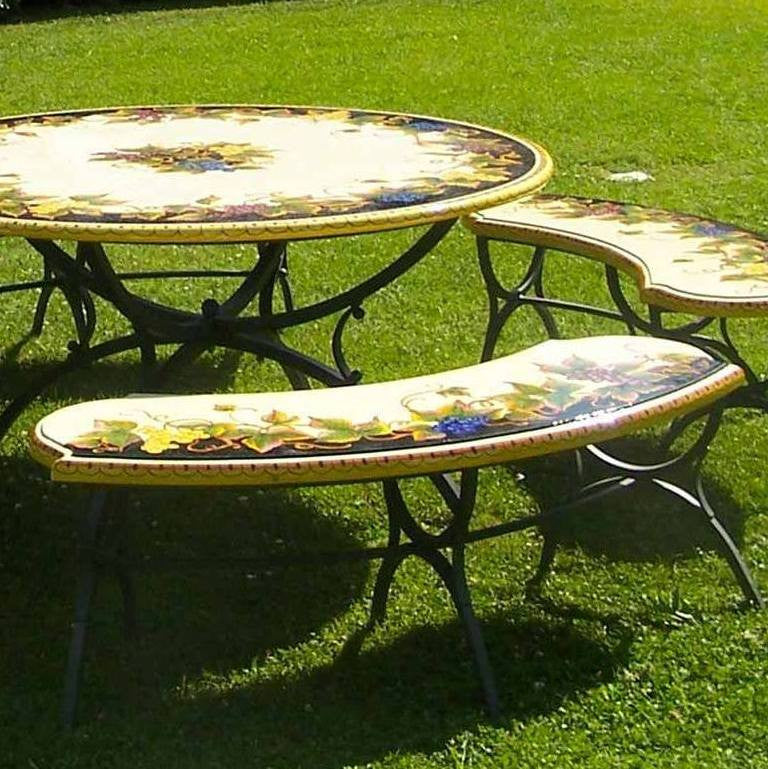 WROUGHT IRON BENCH WITH CERAMIC TOP: Large Curved model design (Seats Two) in Deruta, Italy. - Artistica.com