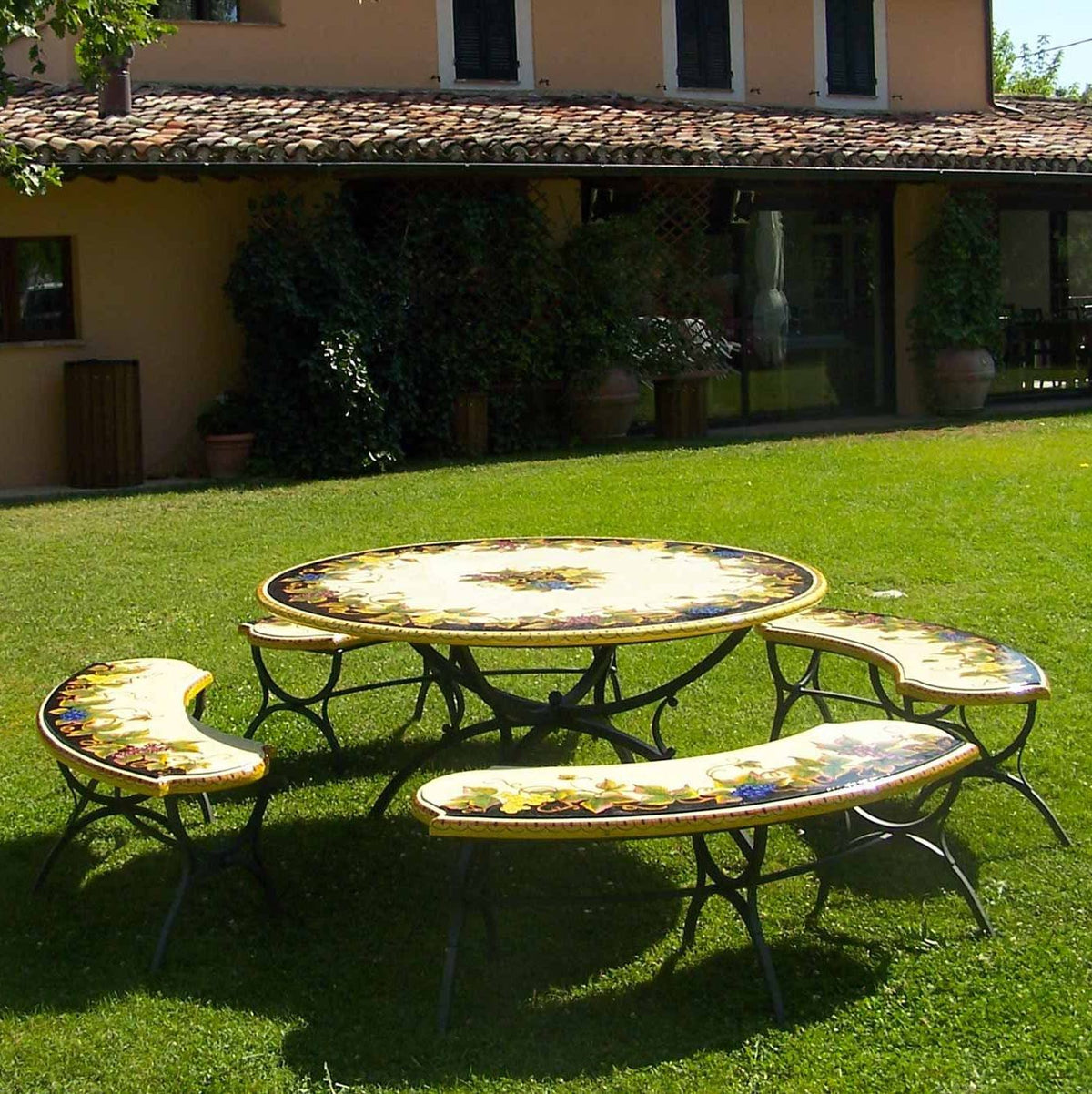 CERAMIC STONE TABLE + IRON BASE: BRINDISI Design^ - Hand Painted in Deruta, Italy. - Artistica.com