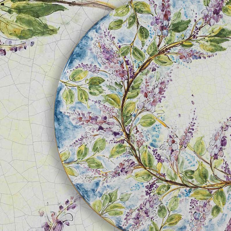 CERAMIC STONE TABLE + IRON BASE: GLICINE Design - Hand Painted in Deruta, Italy. - Artistica.com