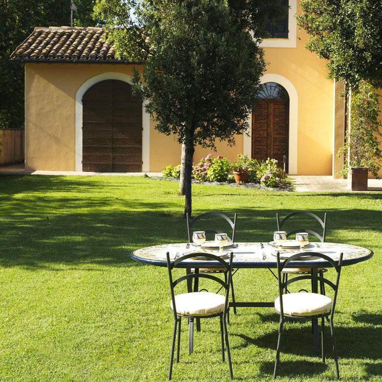 CERAMIC STONE TABLE + IRON BASE: IMPERIA Design^ - Hand Painted in Deruta, Italy. - Artistica.com