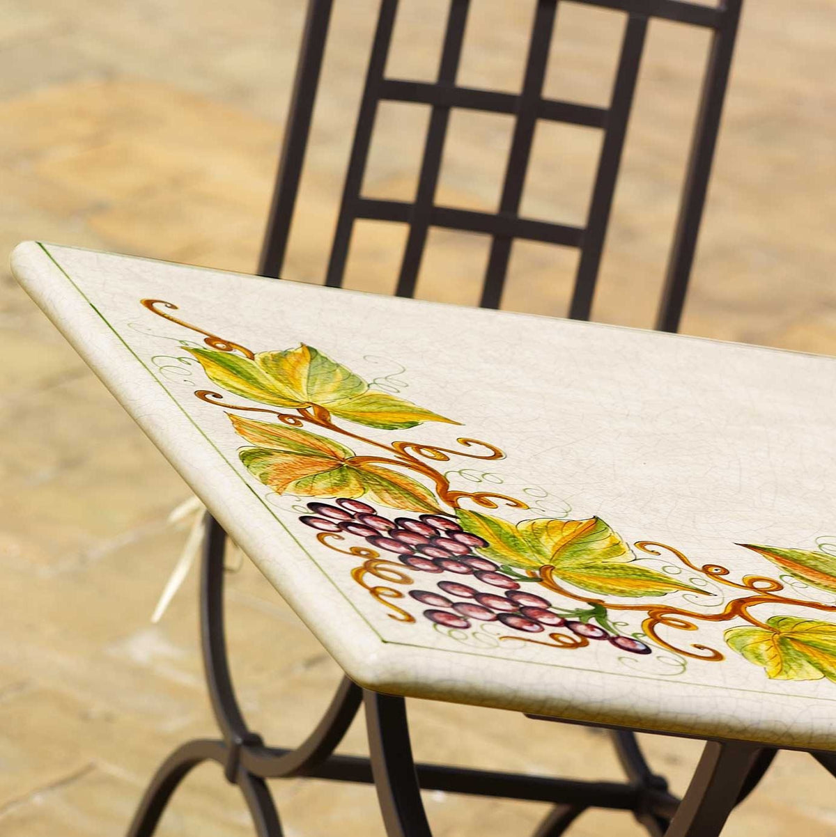 CERAMIC STONE TABLE + IRON BASE: MONTEFALCO Design - Hand Painted in Deruta, Italy. - Artistica.com