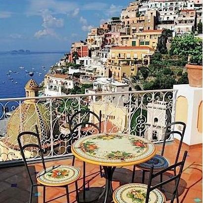 CERAMIC STONE TABLE + IRON BASE: POSITANO Design^ - Hand Painted in Deruta, Italy. - Artistica.com