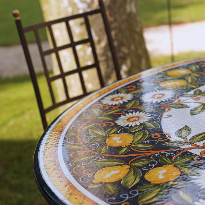 CERAMIC STONE TABLE + IRON BASE: SALERNO Design^ - Hand Painted in Deruta, Italy. - Artistica.com