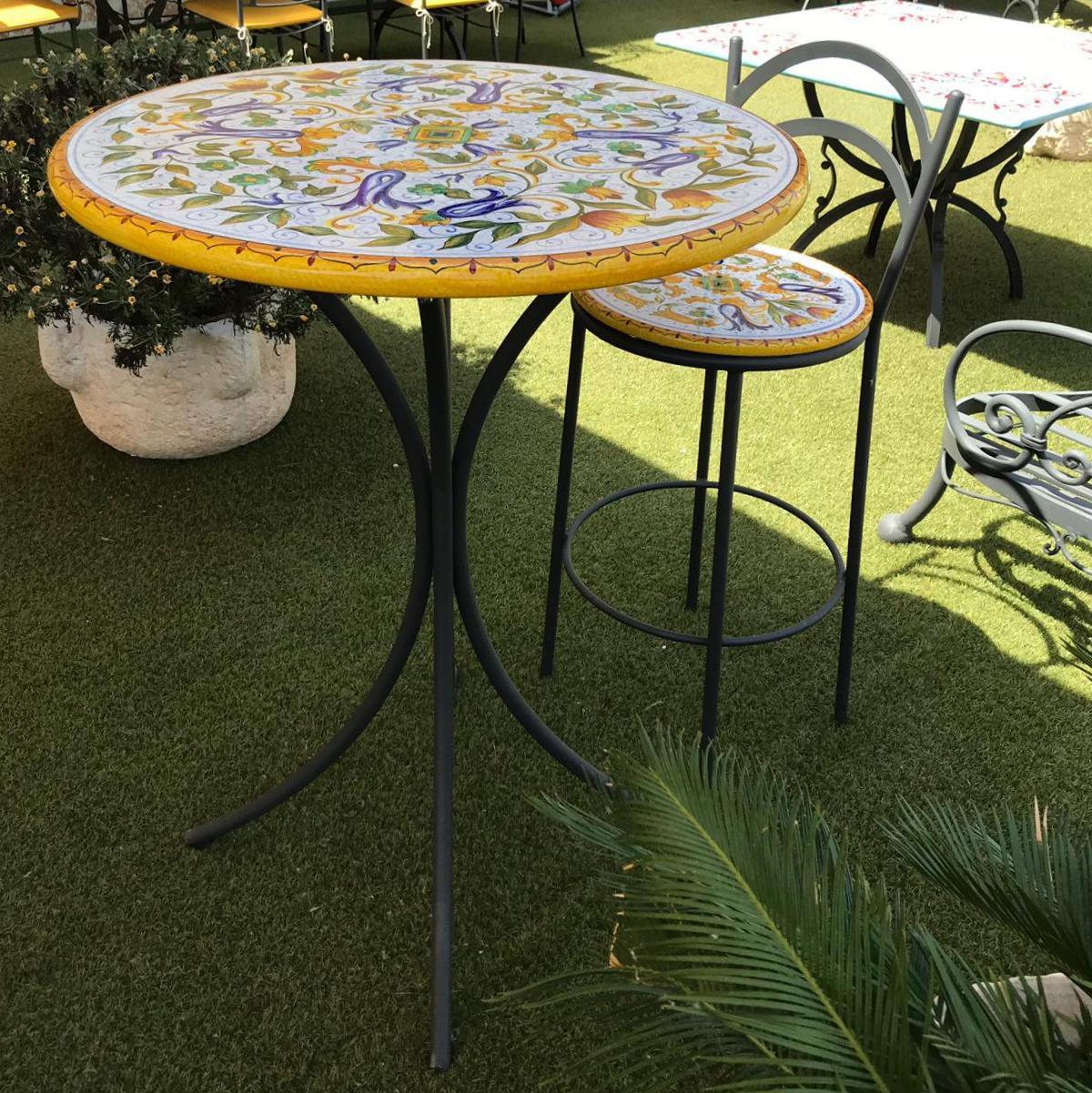 COCKTAIL HIGH TABLE ROUND: Ceramic-Stone top on iron base (28" Diam. x 41" High.) in Deruta, Italy. - Artistica.com